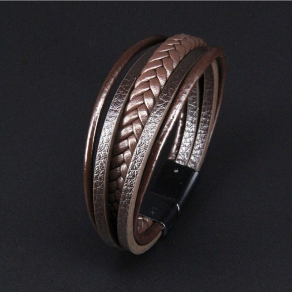 Men's Multi-Layer Leather Bracelet With Magnetic-Clasp (Brown)